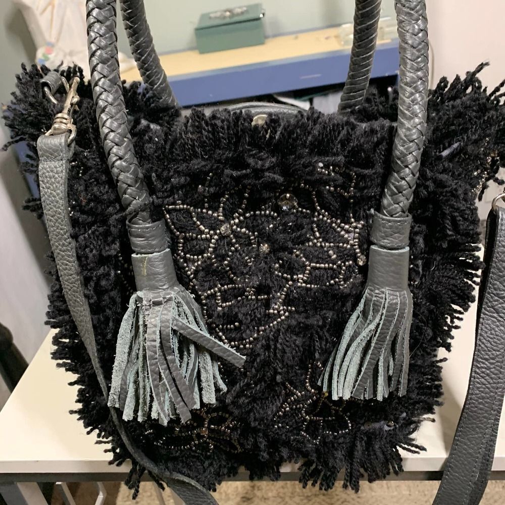 IBBAN handmade boho Wool leather crossbody bag gray black - Picture 5 of 10